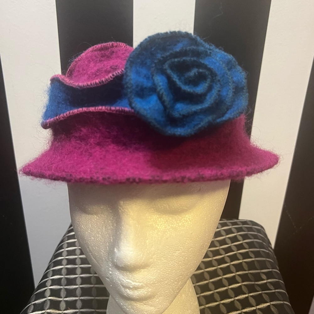 Fuchsia and Blue Wet Felted Cloche Hat with Rose Embellishment
